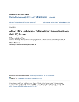 A Study of the Usefulness of Pakistan Library Automation Group's (Paklag) Services