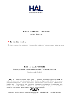 Revue D'etudes Tibétaines Est Publiée Par L'umr 8155 Du CNRS (CRCAO), Paris, Dirigée Par Sylvie Hureau