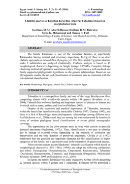 Chadistic Analysis of Egyptian Horse Flies (Diptera: Tabanidae) Based On