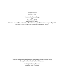 Phyllis A. Fox SIAM Oral History