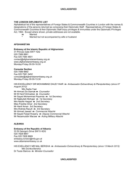 UNCLASSIFIED UNCLASSIFIED the LONDON DIPLOMATIC LIST Alphabetical List of the Representatives of Foreign States & Commonwe