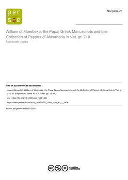 William of Moerbeke, the Papal Greek Manuscripts and the Collection of Pappus of Alexandria in Vat. Gr. 218 Alexander Jones