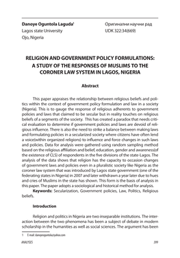 A Study of the Responses of Muslims to the Coroner Law System in Lagos, Nigeria