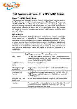 Risk Assessment Form: THORPE PARK Resort