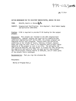 ASIA/PO, Dennis J. Brennan~ SUBJECT: Congressional Notification: Asia Regional - Rural Water Supply and Sanitation (498-0269)