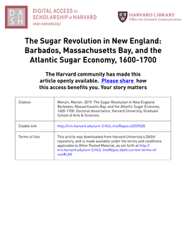 The Sugar Revolution in New England: Barbados, Massachusetts Bay, and the Atlantic Sugar Economy, 1600-1700