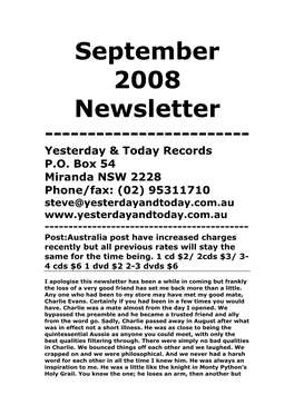 September 2008 Newsletter ------Yesterday & Today Records P.O