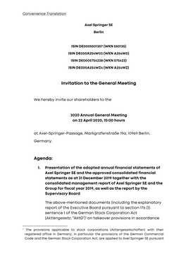 Invitation to the General Meeting Agenda