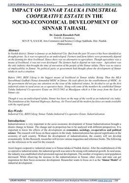 Impact of Sinnar Taluka Industrial Cooperative Estate in the Socio-Economical Development of Sinnar Tahasil
