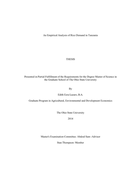 An Empirical Analysis of Rice Demand in Tanzania THESIS Presented in Partial Fulfillment of the Requirements for the Degree Mast