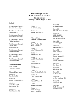 Missouri Right to Life Political Action Committee Endorsements Primary Election, August 5, 2014