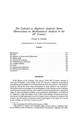 The Calculus As Algebraic Analysis: Some Observations on Mathematical Analysis in the 18 Th Century