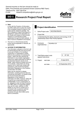 General Enquiries on This Form Should Be Made To: Defra, Procurements and Contracts Division (Science R&D Team) Telephone No