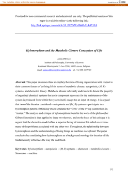 Hylomorphism and the Metabolic Closure Conception of Life