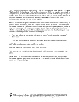 This Is a Complete Transcript of the Oral History Interview with Vincent Leroy Crossett (CN 288, T3) for the Billy Graham Center Archives