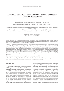 Regional Hazard Analysis for Use in Vulnerability and Risk Assessment