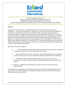Eckerd Community Alternatives Disaster Preparedness/Emergency Management Plan 2013 Supplement to Eckerd Youth Alternatives, Inc