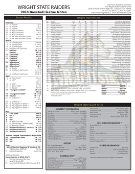 WRIGHT STATE RAIDERS 3640 Colonel Glenn Highway | Dayton, OH 45435 O: 937-775-2816 | C: 937-367-2397 2018 Baseball Game Notes Bob.Noss@Wright.Edu |