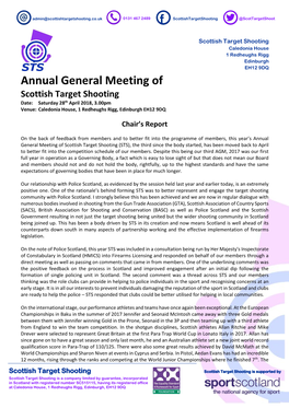 Annual General Meeting of Scottish Target Shooting Date: Saturday 28Th April 2018, 3.00Pm Venue: Caledonia House, 1 Redheughs Rigg, Edinburgh EH12 9DQ