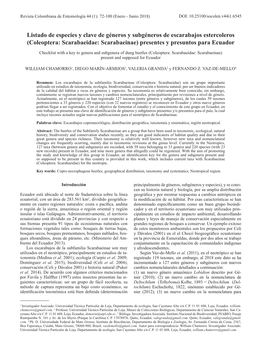 Listado De Especies Y Clave De Géneros Y Subgéneros De Escarabajos Estercoleros (Coleoptera: Scarabaeidae: Scarabaeinae) Presentes Y Presuntos Para Ecuador