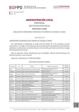 ADMINISTRACIÓN LOCAL PROVINCIAL DEPUTACIÓN PROVINCIAL Subvencións E Axudas