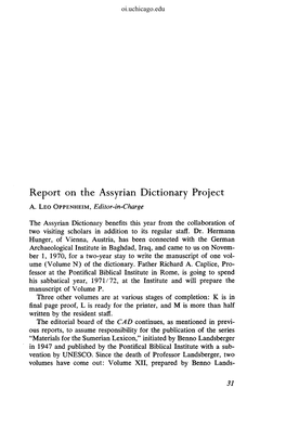 Report on the Assyrian Dictionary Project