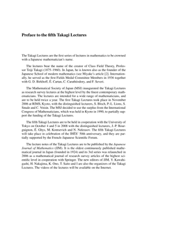 Preface to the Fifth Takagi Lectures