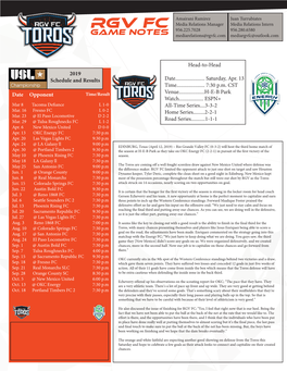 RGV FC 956.225.7028 956.280.6580 GAME NOTES Mediarelations@Rgvfc.Com Mediargvfc@Outlook.Com