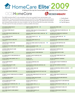 Homecare Elitetm 2009 a Listing of the Top Tier Home Health Care Agencies in the United States