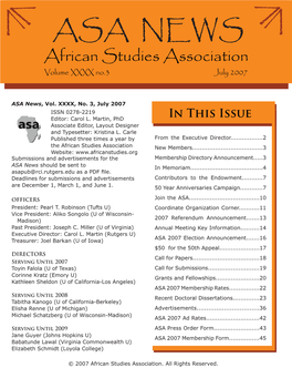 ASA NEWS African Studies Association Volume XXXX No.3 July 2007