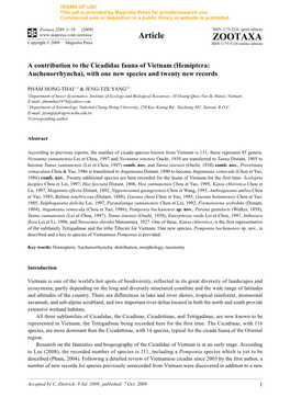 Zootaxa, a Contribution to the Cicadidae Fauna of Vietnam