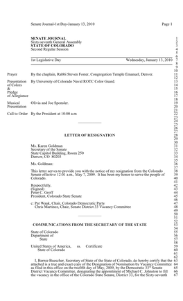 Senate Journal-1St Day-January 13, 2010 Page 1 SENATE JOURNAL 1