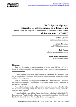 De “La Quema” Al Parque: Notas Sobre Las Políticas Urbanas En La Dictadura Y La Producción De