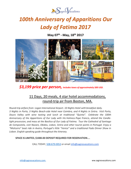 100Th Anniversary of Apparitions Our Lady of Fatima 2017 May 07Th - May, 18Th 2017