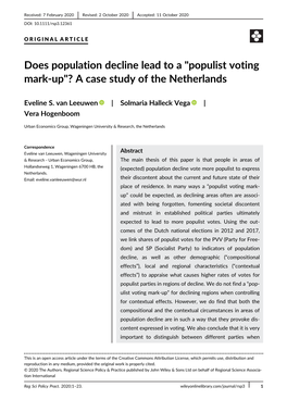 Does Population Decline Lead to a "Populist Voting Mark‐Up"? a Case Study of the Netherlands