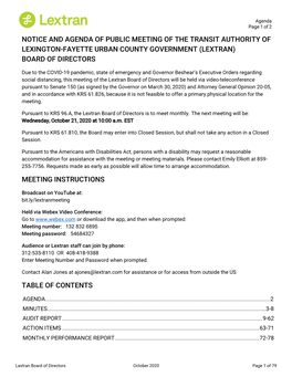 Notice and Agenda of Public Meeting of the Transit Authority of Lexington-Fayette Urban County Government (Lextran) Board of Directors