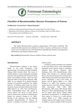 Formosan Entomologist Journal Homepage: Entsocjournal.Yabee.Com.Tw