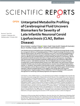 Untargeted Metabolite Profiling of Cerebrospinal Fluid Uncovers Biomarkers for Severity of Late Infantile Neuronal Ceroid Lipofu