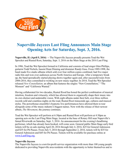 Naperville Jaycees Last Fling Announces Main Stage Opening Acts for Saturday, Sept
