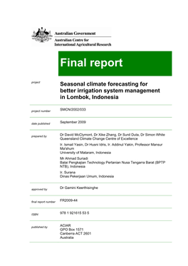 Final Report Project Seasonal Climate Forecasting for Better Irrigation System Management in Lombok, Indonesia