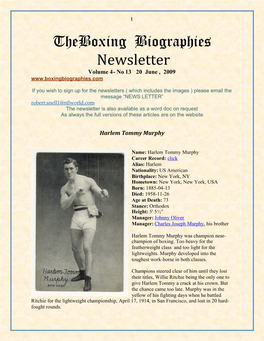 Theboxing Biographies Newsletter Volume 4- No 13 20 June , 2009