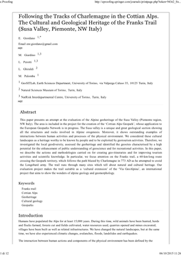 Following the Tracks of Charlemagne in the Cottian Alps. the Cultural and Geological Heritage of the Franks Trail (Susa Valley, Piemonte, NW Italy)