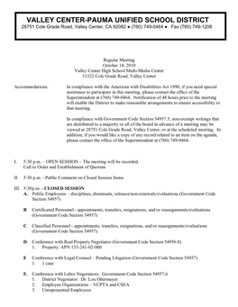 VALLEY CENTER-PAUMA UNIFIED SCHOOL DISTRICT 28751 Cole Grade Road, Valley Center, CA 92082 ● (760) 749-0464 ● Fax (760) 749-1208