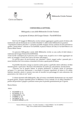 I SENSI DELLA LETTURA Bibliografia a Cura Delle Biblioteche Civiche Torinesi Su Proposte Di Lettura Del Gruppo Entasis