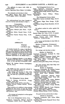 1440 SUPPLEMENT to the LONDON GAZETTE, U MARCH, 1941 for Gallantry in Rescue Work While on the Distinguished Service Cross