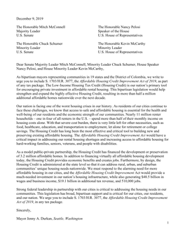 Bipartisan Mayors Letter to Congressional Leadership in Support of the Affordable Housing Credit Improvement Act of 2019