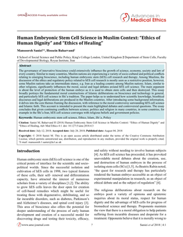 Human Embryonic Stem Cell Science in Muslim Context: “Ethics of Human Dignity” and “Ethics of Healing”