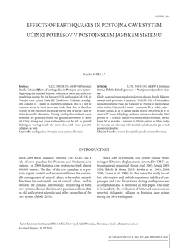 Effects of Earthquakes in Postojna Cave System Učinki Potresov V Postojnskem Jamskem Sistemu