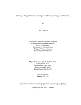 Achieving Sobriety: a Narrative Investigation of Women, Identity, and Relationships