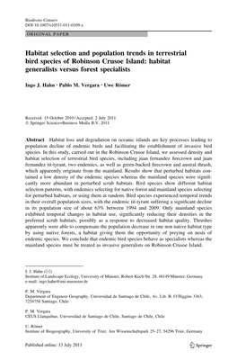 Habitat Selection and Population Trends in Terrestrial Bird Species of Robinson Crusoe Island: Habitat Generalists Versus Forest Specialists